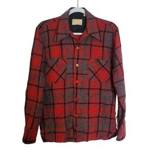 Vintage Sears Kings Road Shop Men Red Black Plaid Wool Blend Flannel Shirt Small